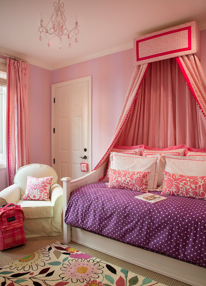 Romantic kids' bedroom in Los Angeles with pink walls.