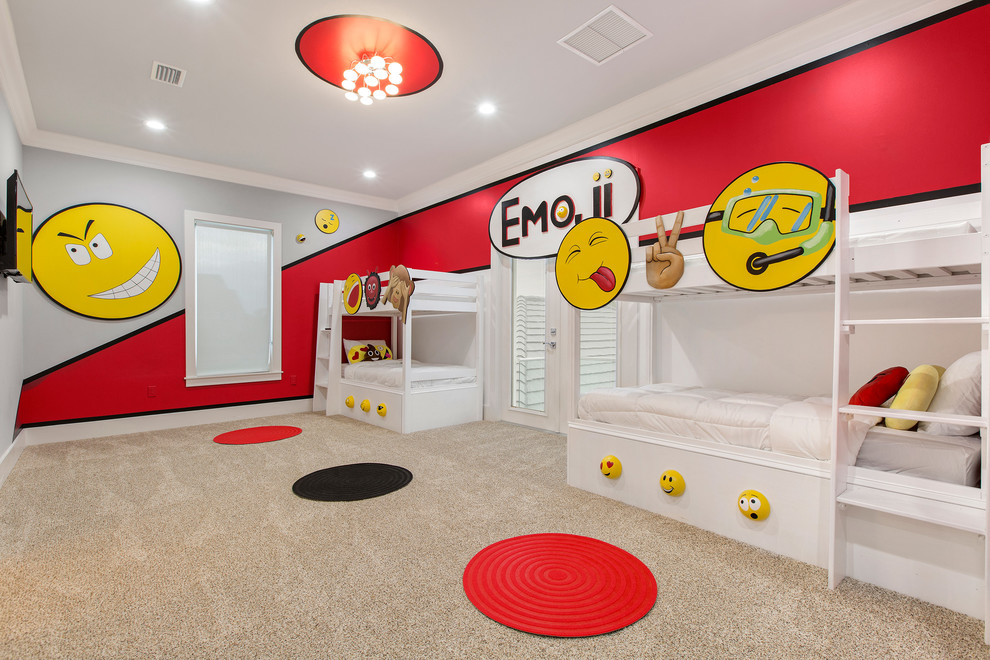 Ispirazione per una grande cameretta per bambini da 4 a 10 anni moderna con moquette e pareti multicolore