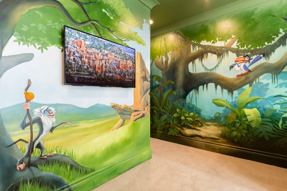 Esempio di una grande cameretta per bambini minimal con pareti multicolore, moquette e pavimento beige