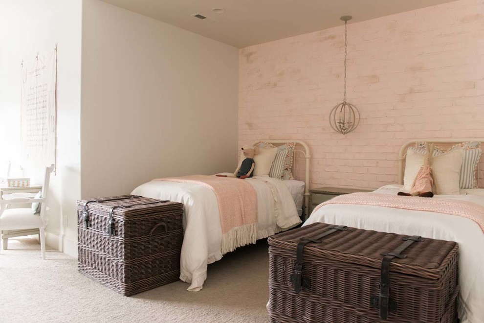 Coastal children’s room for girls in Salt Lake City with pink walls, carpet and beige floors.