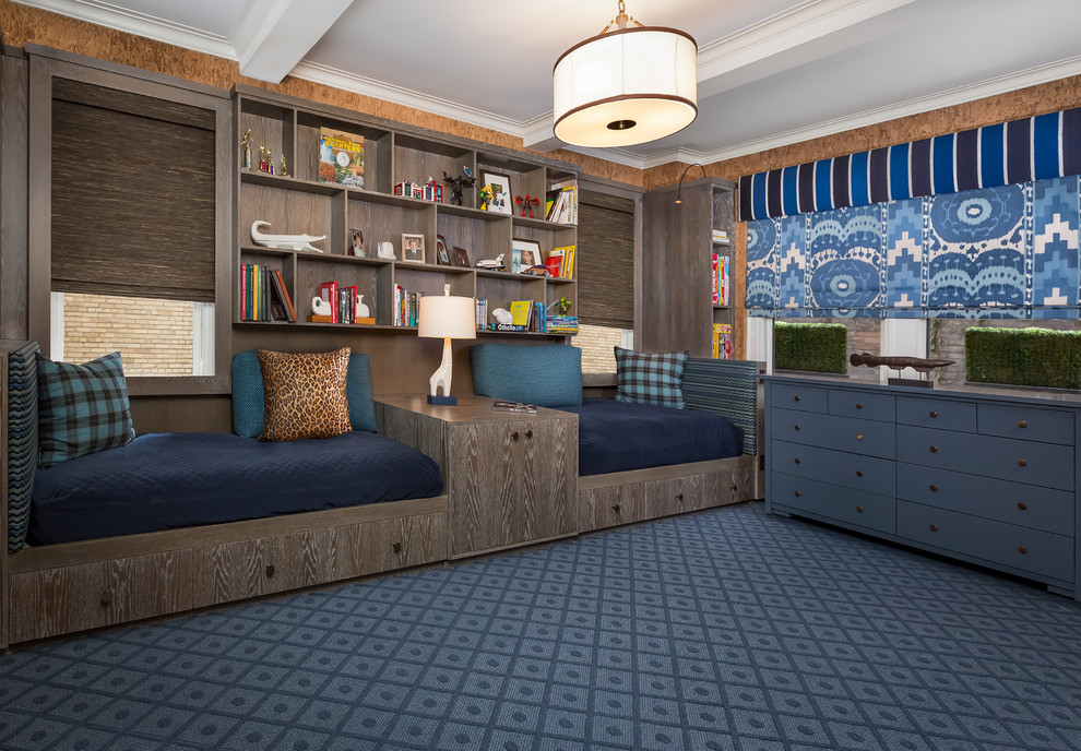 Example of a mid-sized eclectic boy blue floor and carpeted kids' room design in New York with brown walls