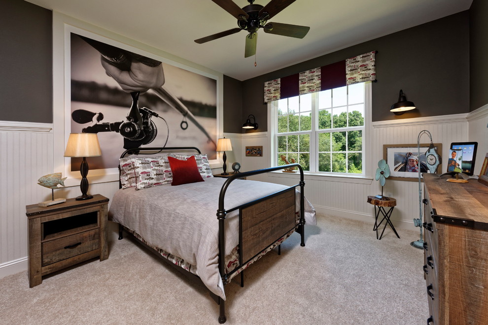ワシントンD.C.にあるトラディショナルスタイルのおしゃれな子供の寝室 (グレーの壁、カーペット敷き、ベージュの床) の写真
