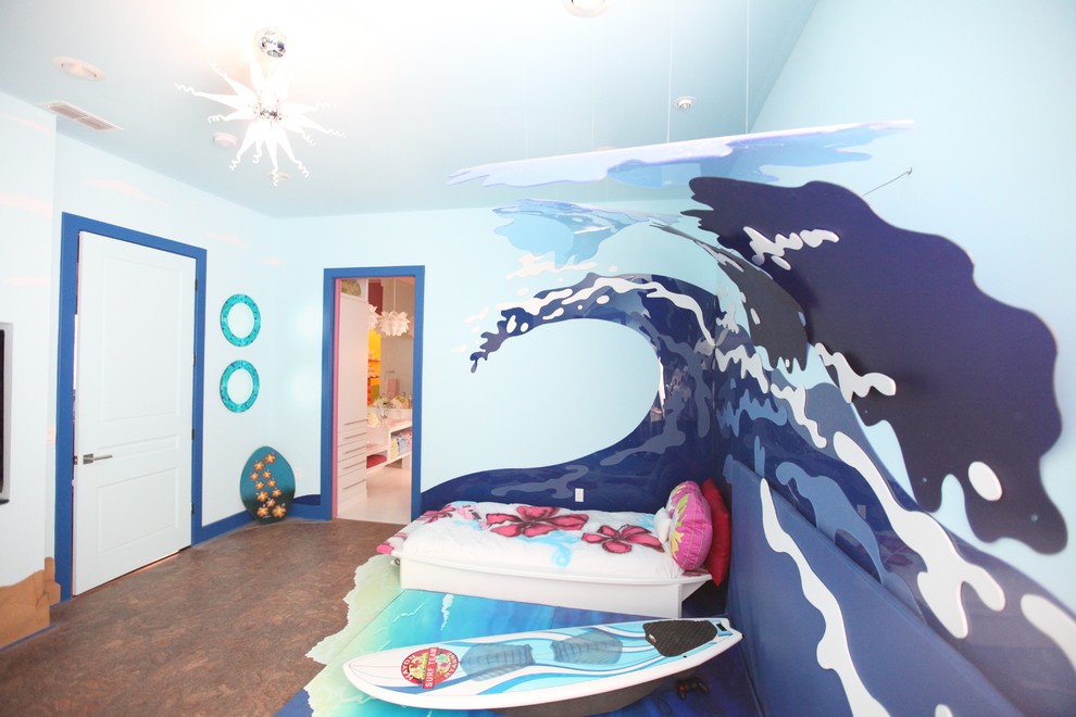 Immagine di una cameretta per bambini da 4 a 10 anni contemporanea di medie dimensioni con pareti blu, pavimento in cemento e pavimento marrone