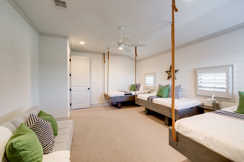 Example of a large beach style boy carpeted kids' room design in Dallas with white walls