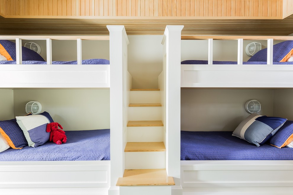Idee per una cameretta per bambini tradizionale di medie dimensioni con pareti beige e pavimento in legno massello medio