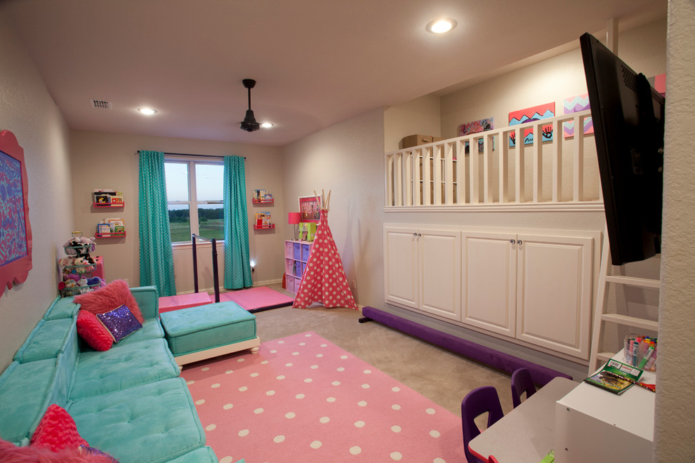Imagen de dormitorio infantil de 4 a 10 años tradicional grande con paredes grises y moqueta