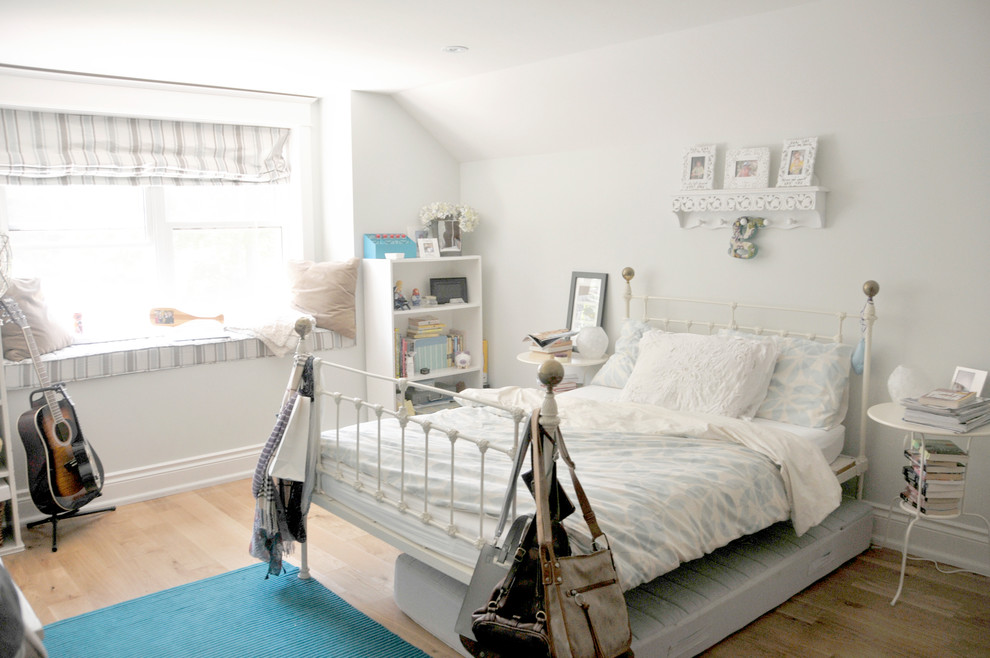Inspiration for a large rural teen’s room for girls in Other with grey walls, light hardwood flooring and brown floors.