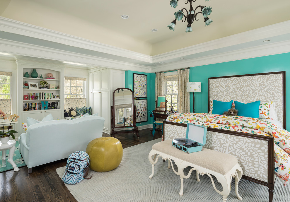 Photo of a traditional teen’s room for girls in Salt Lake City with dark hardwood flooring and multi-coloured walls.