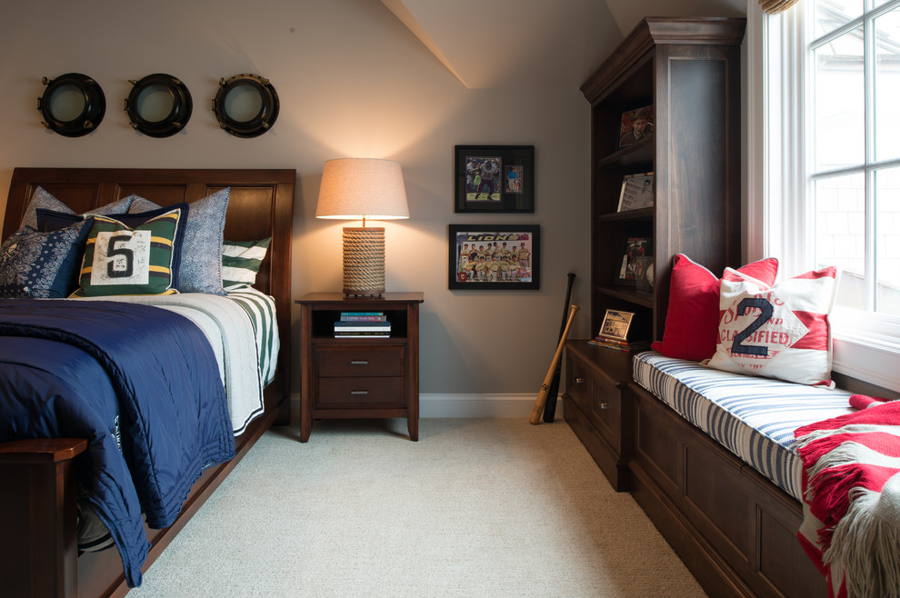 Inspiration for a mid-sized timeless boy carpeted kids' room remodel in Minneapolis with gray walls