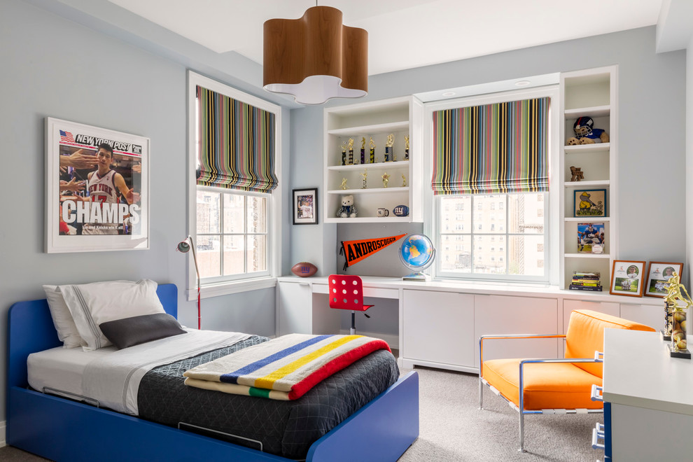 Photo of a traditional kids' bedroom in New York with grey walls and carpet.