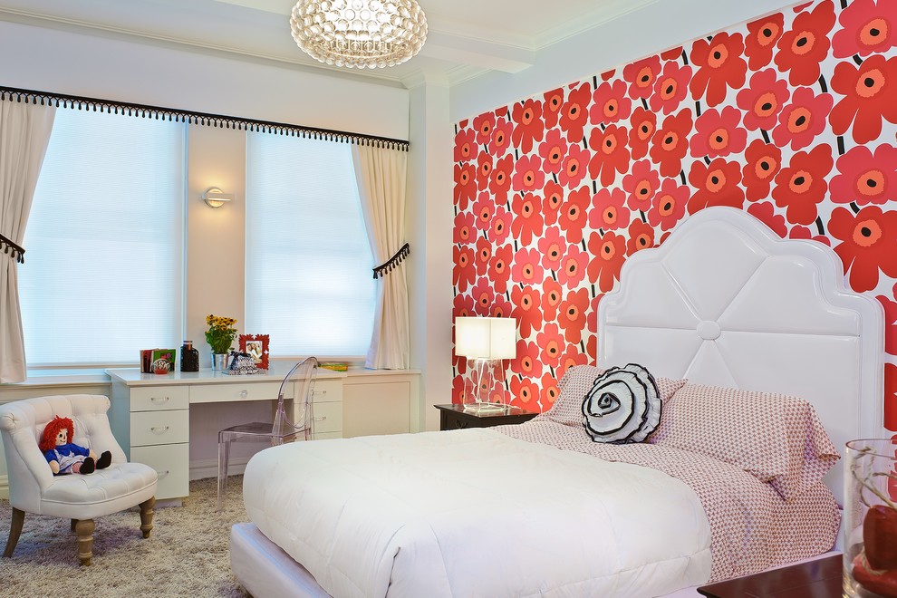 Kids' room - mid-sized modern girl carpeted and brown floor kids' room idea in New York with gray walls