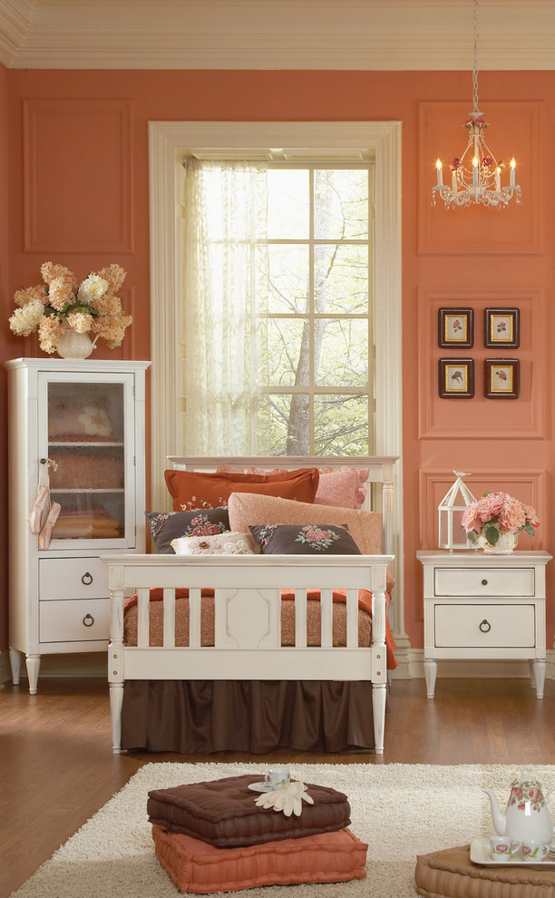 Ejemplo de dormitorio infantil tradicional de tamaño medio con paredes rosas y suelo de madera en tonos medios