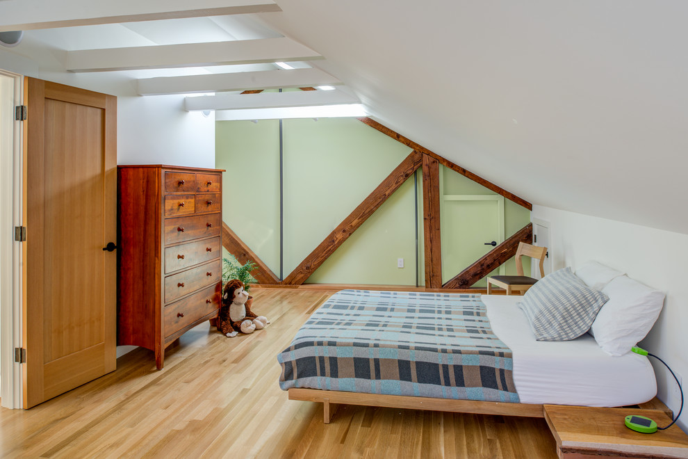 Foto di una cameretta da letto american style con pareti verdi, parquet chiaro e pavimento beige