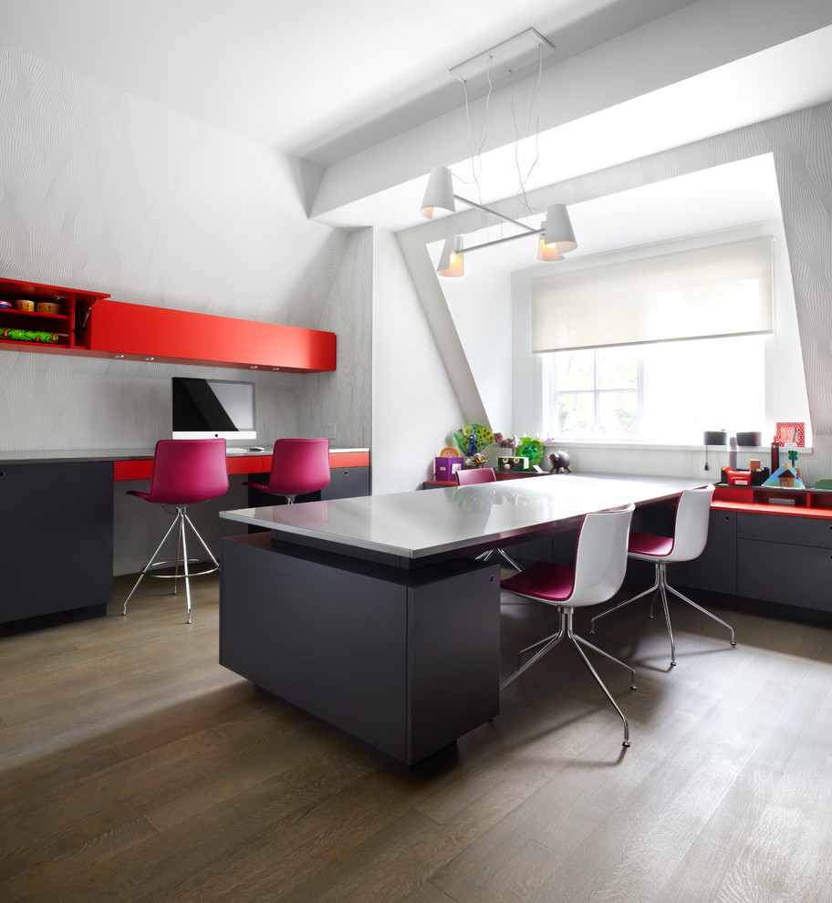 Inspiration for a large contemporary girl dark wood floor kids' room remodel in Toronto with white walls