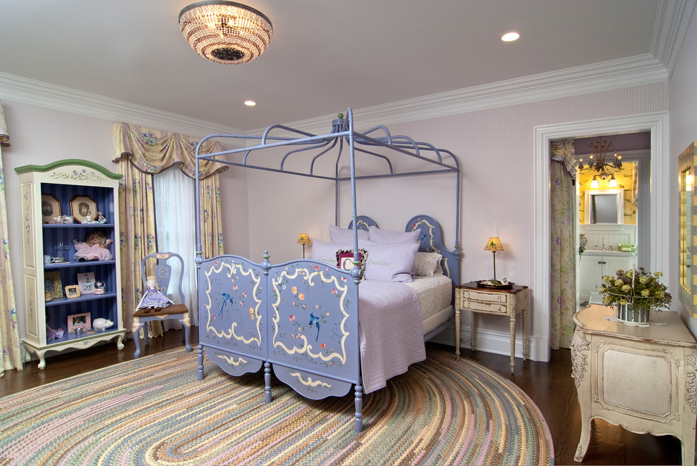 Kids' room - contemporary girl kids' room idea in New York with purple walls