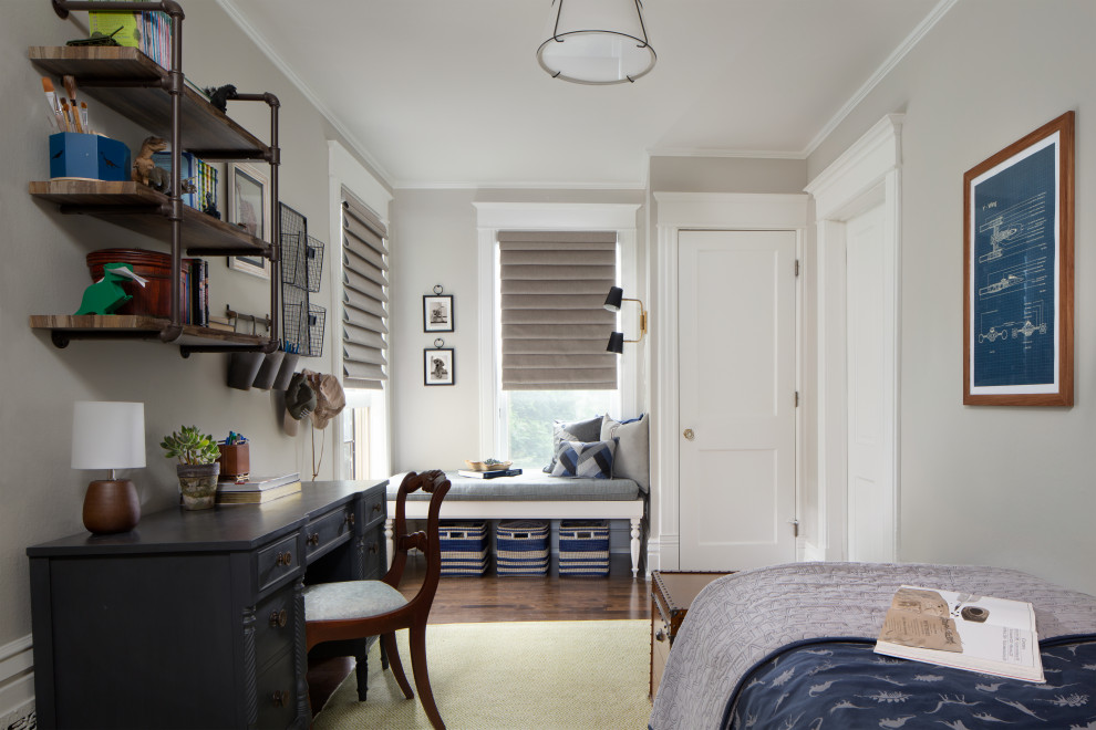 Design ideas for a kids' bedroom in Nashville with grey walls, dark hardwood flooring and brown floors.