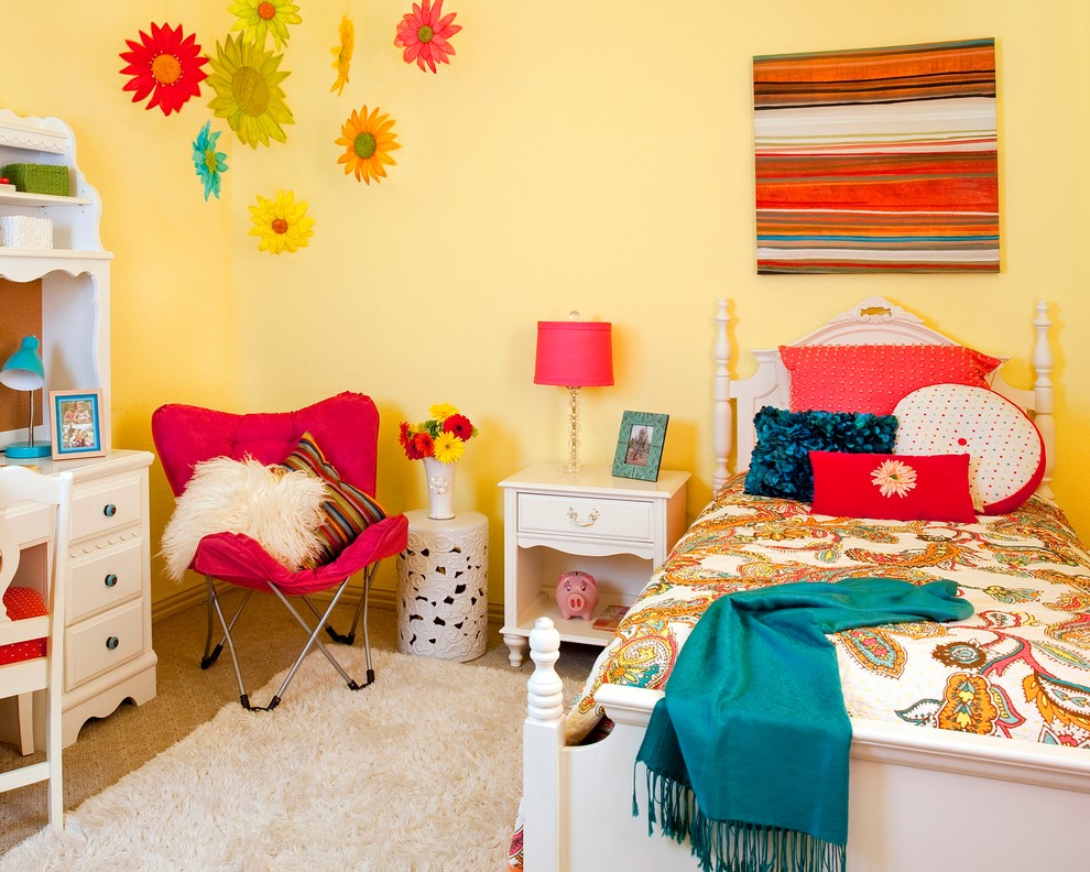 Kids' room - mid-sized traditional girl carpeted kids' room idea in Dallas with yellow walls