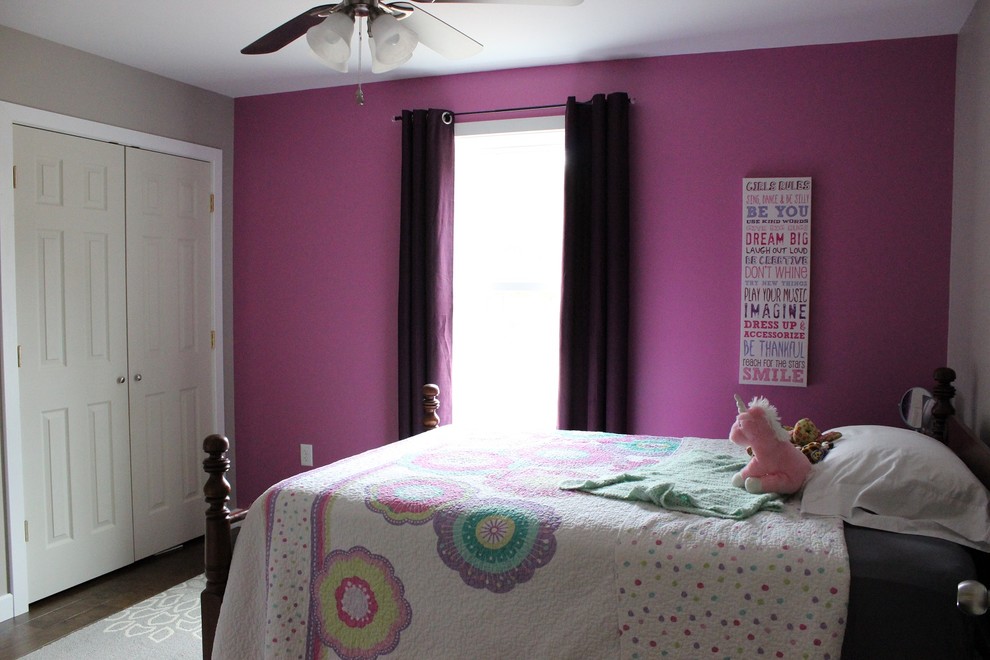 Ejemplo de dormitorio infantil tradicional renovado de tamaño medio con paredes rosas y suelo de madera oscura