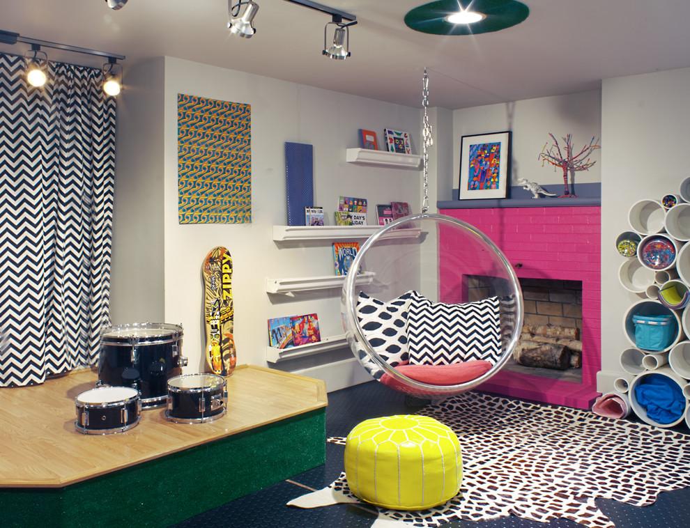 Photo of a medium sized eclectic gender neutral kids' bedroom in Boston with grey walls, lino flooring and blue floors.