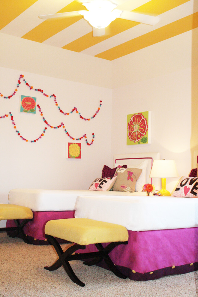 Example of an eclectic girl carpeted kids' room design in Houston with white walls