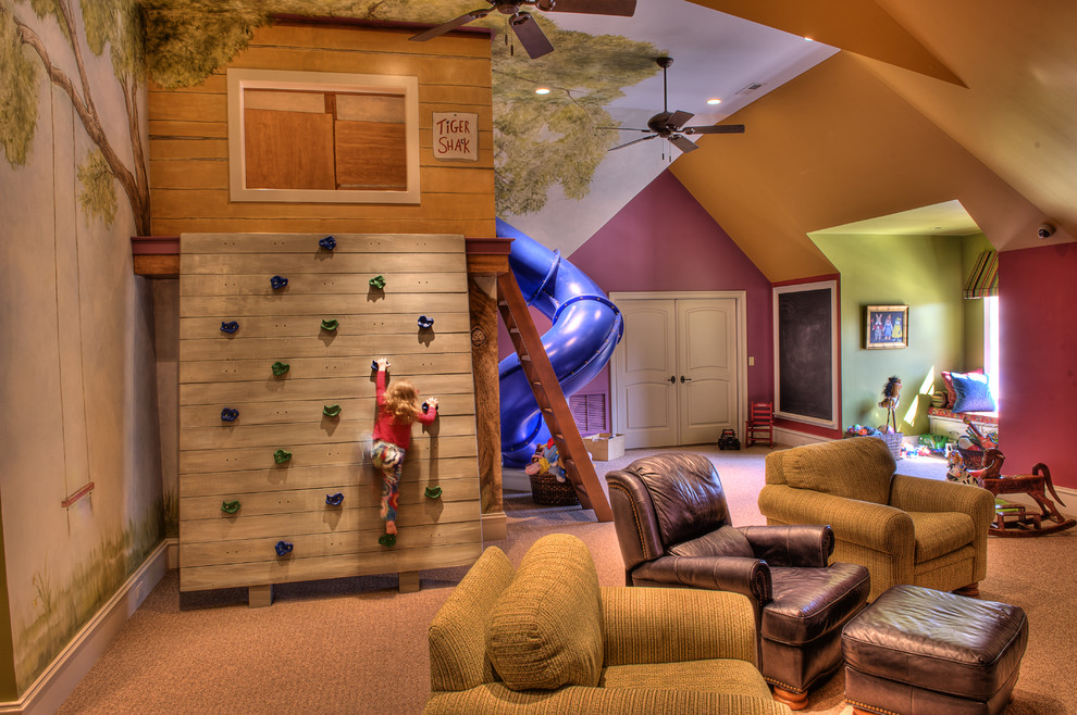 Inspiration for a large eclectic gender-neutral carpeted and beige floor kids' room remodel in Other with multicolored walls