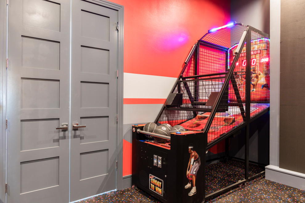 Immagine di un'ampia cameretta per bambini minimal con pareti nere, moquette e pavimento nero