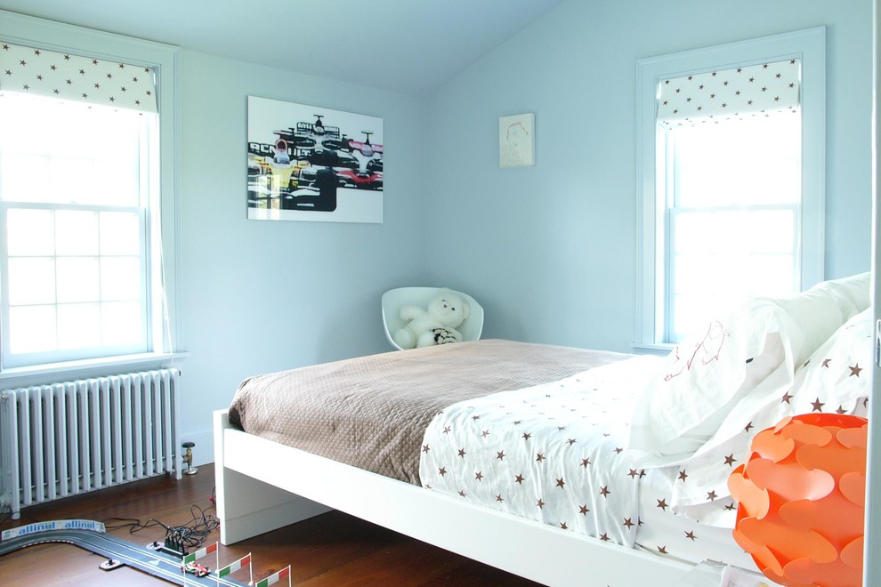 Immagine di una cameretta per bambini da 4 a 10 anni tradizionale di medie dimensioni con pareti blu, pavimento in legno massello medio e pavimento marrone