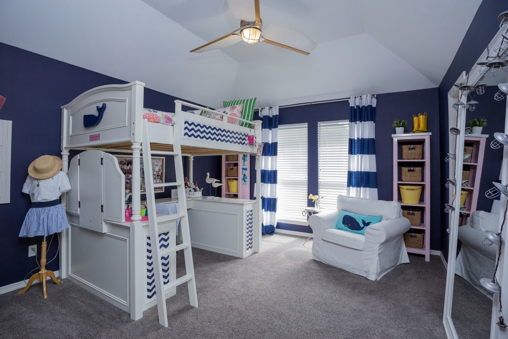 Example of a beach style carpeted and gray floor kids' room design in Tampa with blue walls