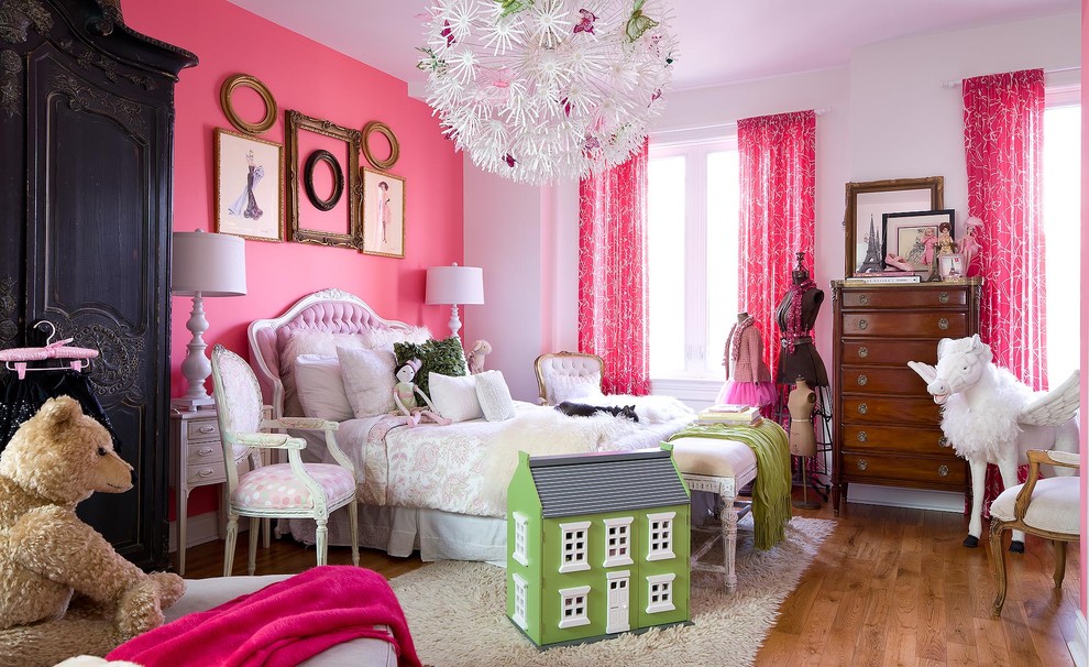Kids' room - shabby-chic style girl medium tone wood floor kids' room idea in Toronto with multicolored walls