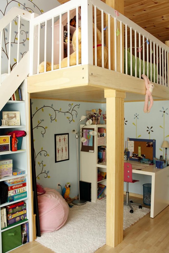 Playroom - contemporary girl playroom idea in Boston with blue walls