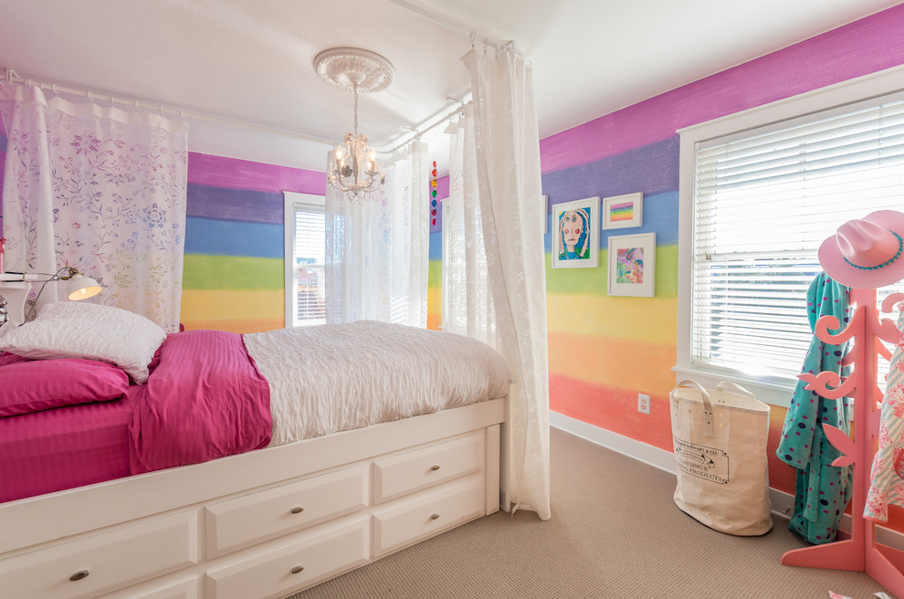 Design ideas for a medium sized traditional children’s room for girls in Denver with multi-coloured walls and carpet.