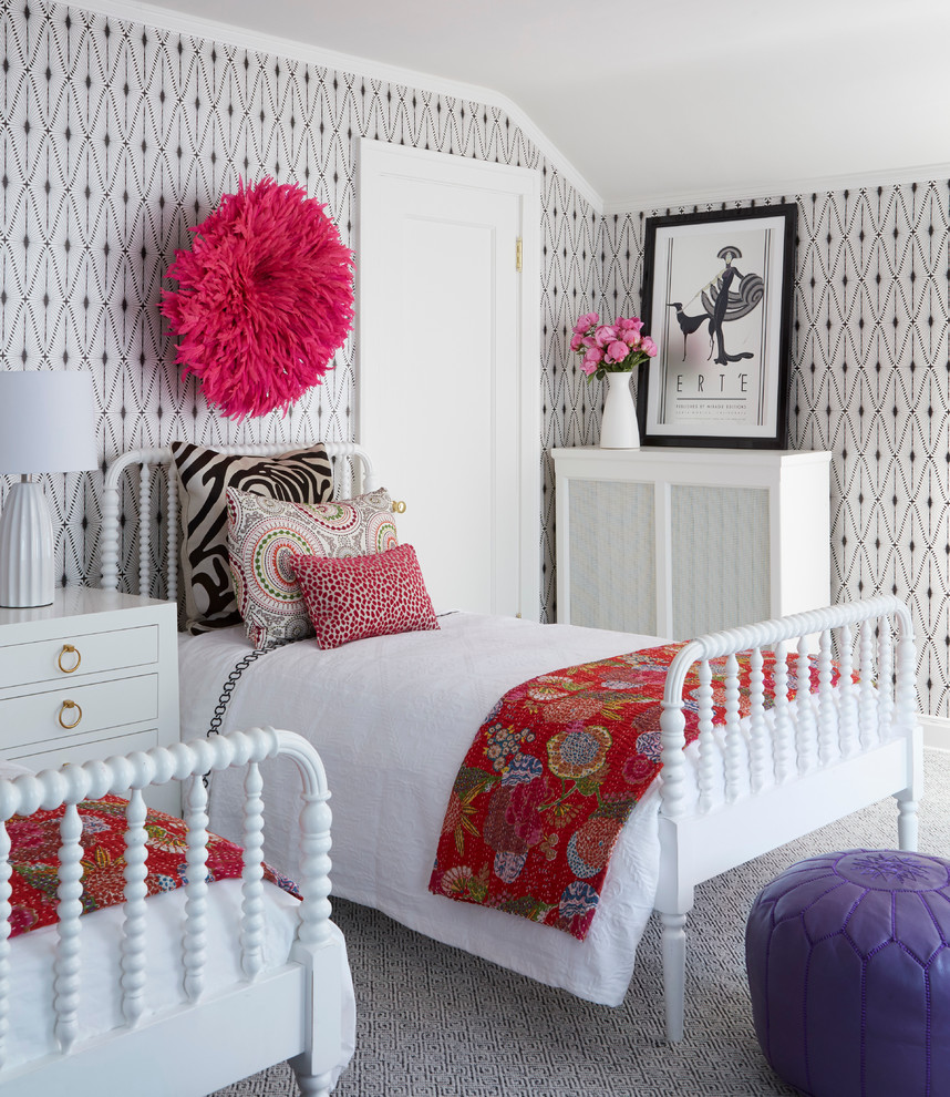 Photo of a medium sized traditional teen’s room for girls in Chicago with multi-coloured walls, carpet and feature lighting.
