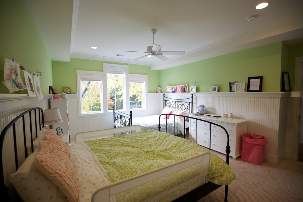 Example of a mid-sized country girl carpeted and beige floor kids' room design in Chicago with green walls