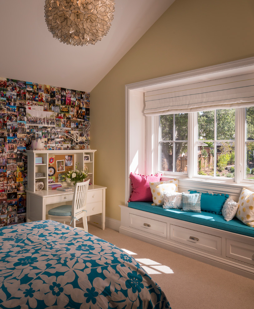 Design ideas for a large classic teen’s room for girls in San Francisco with beige walls and carpet.