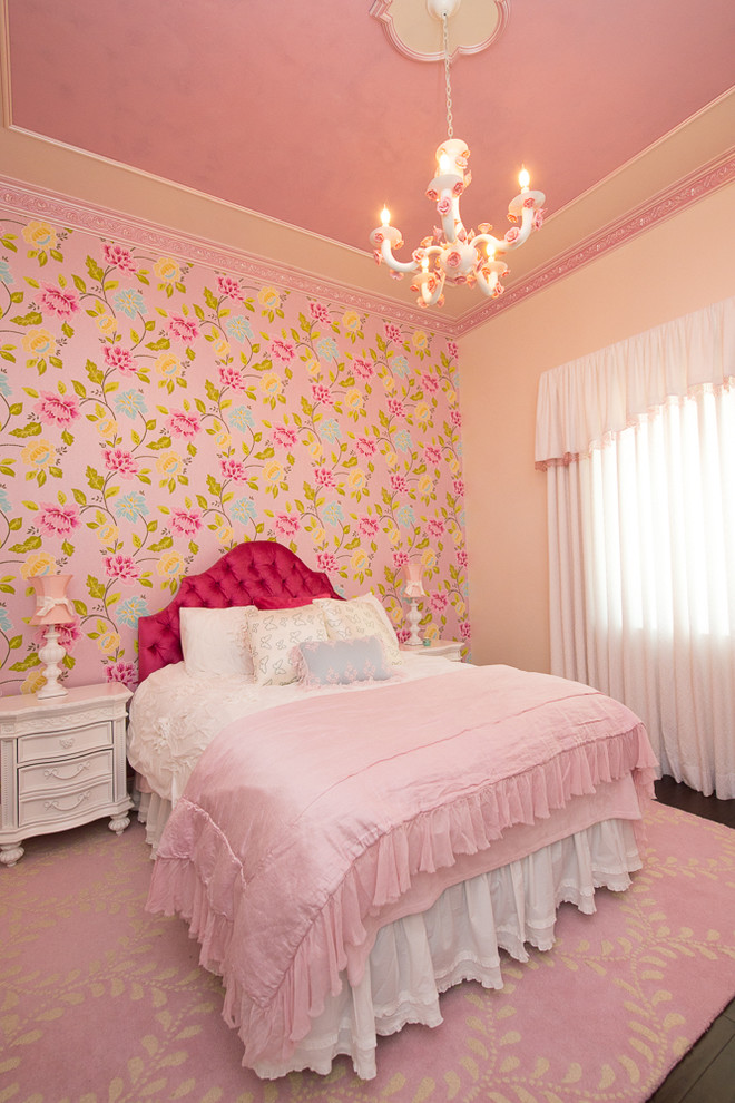 Inspiration for a romantic kids' bedroom for girls in Miami with beige walls and dark hardwood flooring.