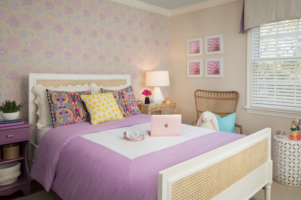 This is an example of a classic teen’s room for girls in Philadelphia with multi-coloured walls, carpet and beige floors.