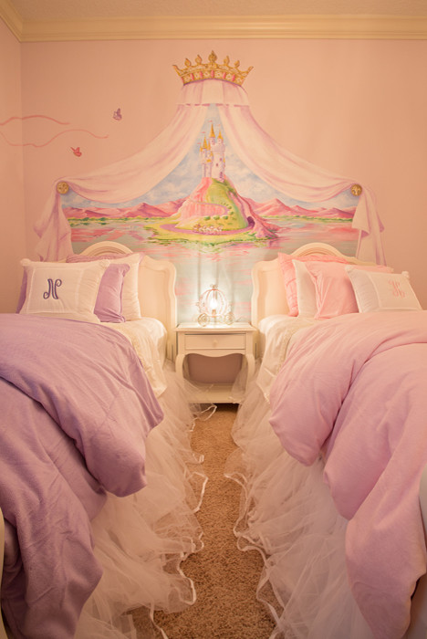 Design ideas for a medium sized traditional children’s room for girls in Orlando with pink walls, carpet and beige floors.