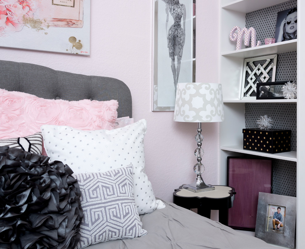 Example of a small transitional girl carpeted and gray floor kids' room design in Dallas with pink walls