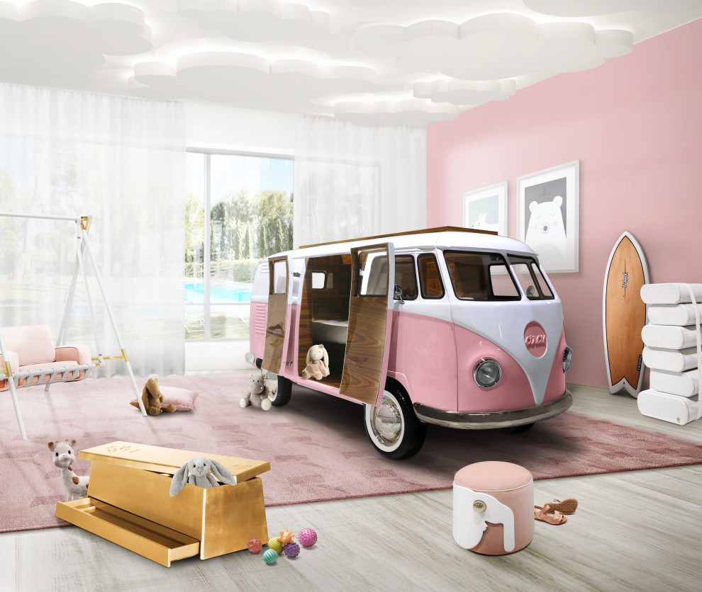 Inspiration for a large 1950s girl kids' room remodel in Other with pink walls