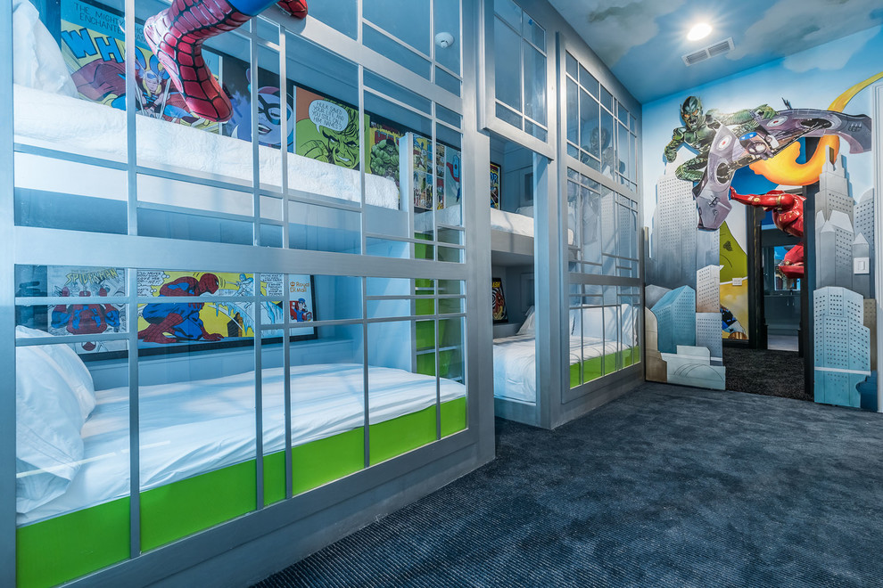На фото: большая нейтральная детская в современном стиле с спальным местом, разноцветными стенами и ковровым покрытием для подростка с