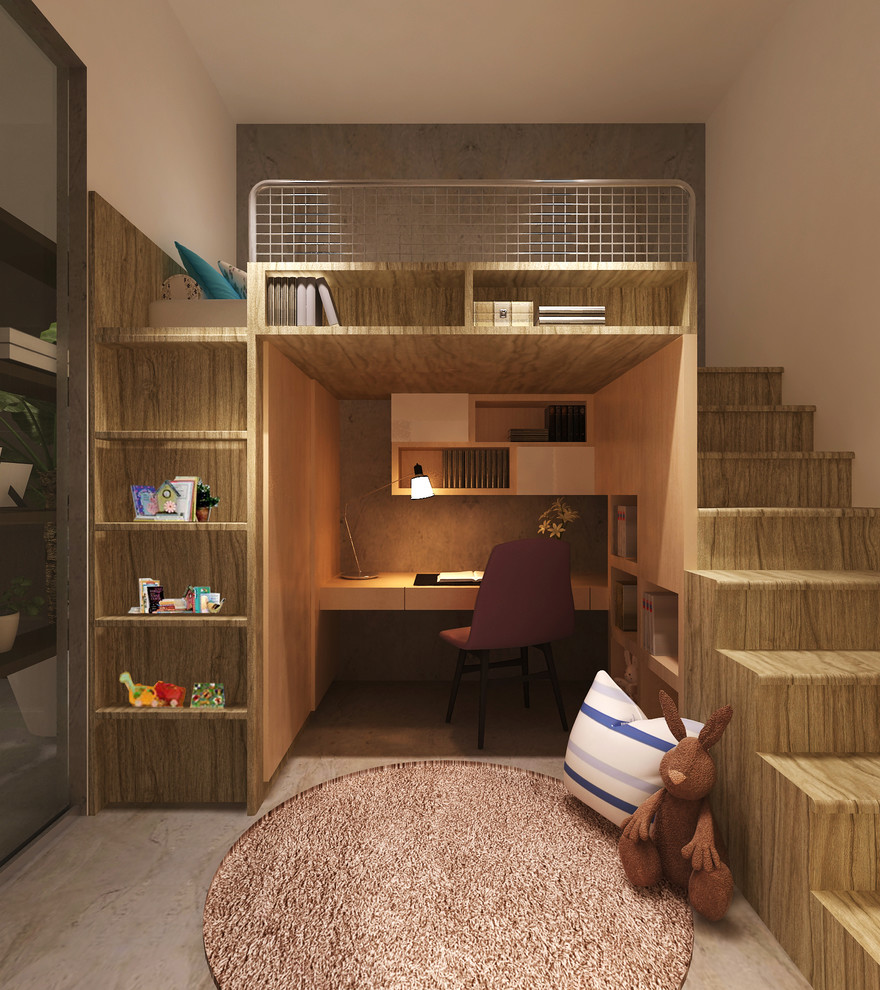 На фото: нейтральная детская среднего размера в современном стиле с спальным местом и бежевыми стенами