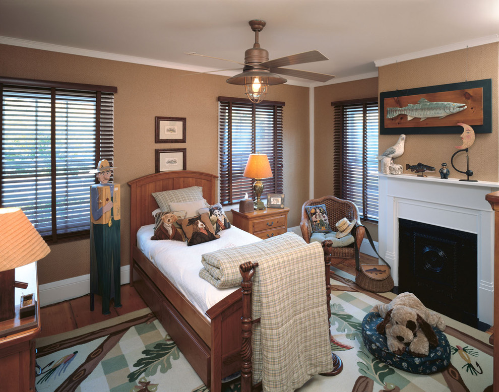 Photo of a medium sized traditional children’s room for boys in Boston with brown walls, dark hardwood flooring and brown floors.