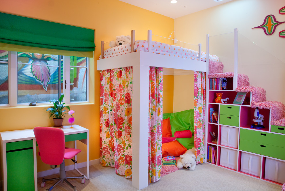 This is an example of a medium sized modern children’s room for girls in Other with multi-coloured walls and carpet.