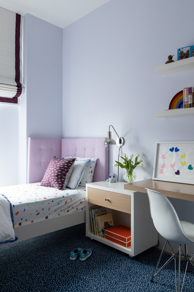 This is an example of a contemporary kids' bedroom for girls in New York with purple walls, carpet and blue floors.