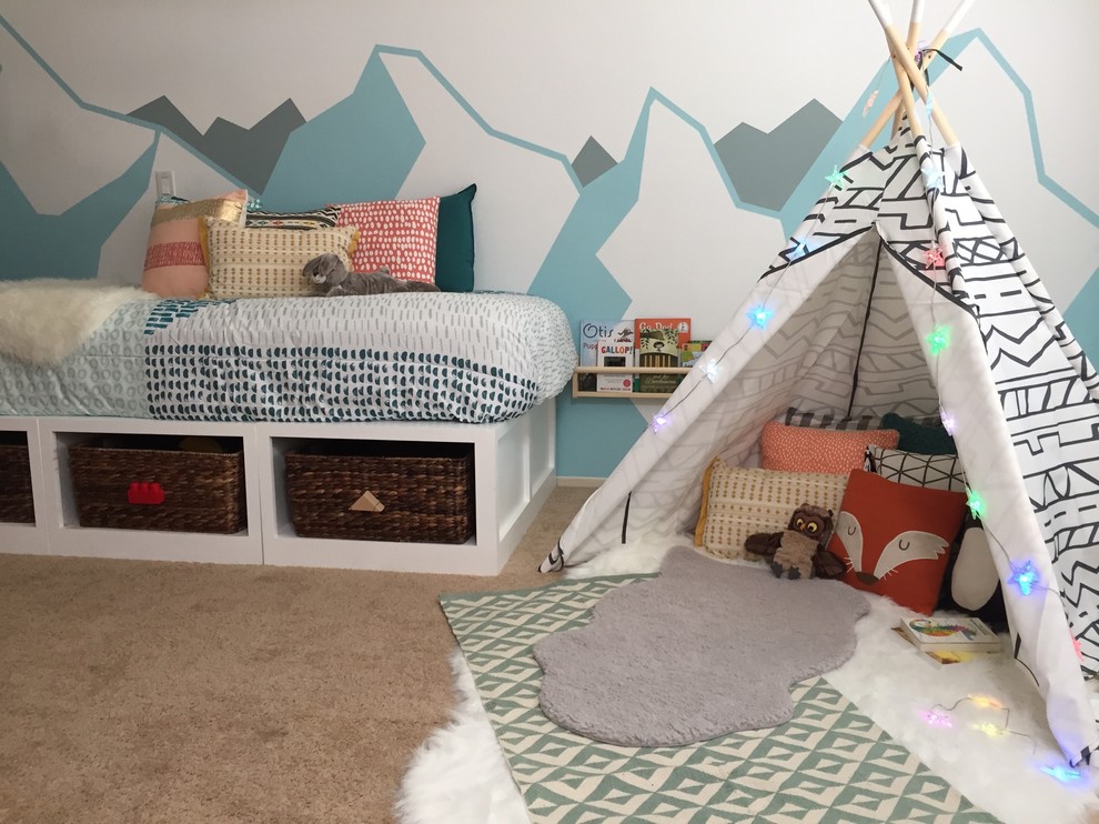 Design ideas for a medium sized contemporary playroom in Los Angeles with carpet.