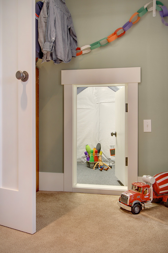 Kids' room - traditional carpeted kids' room idea in Seattle with gray walls
