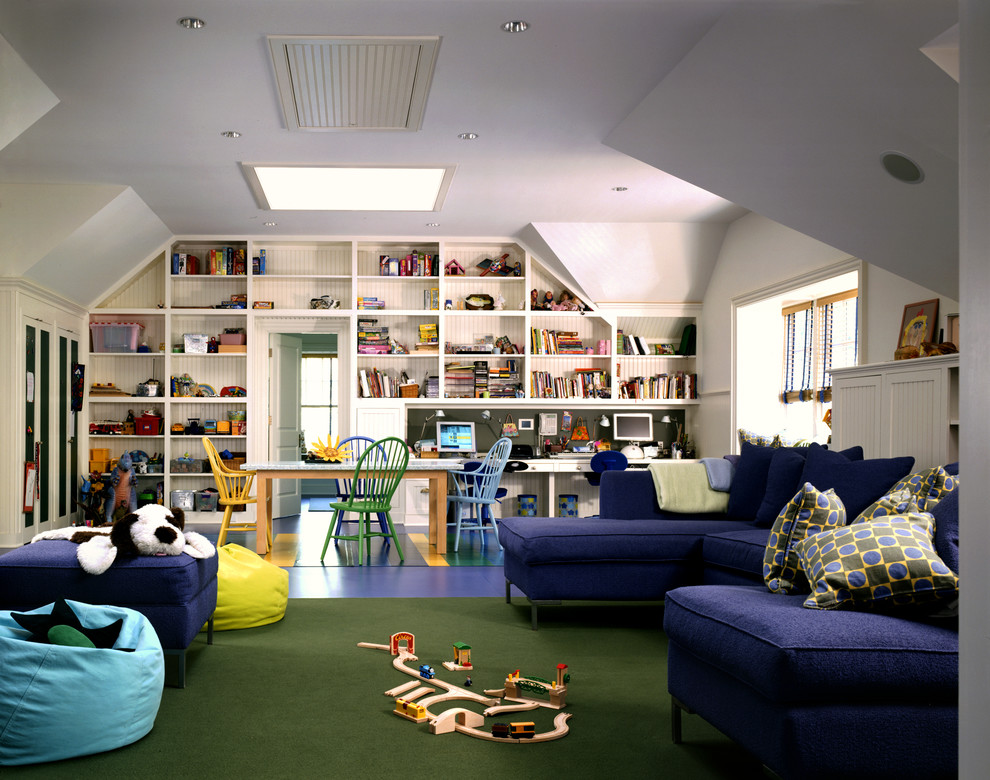 Example of a huge transitional gender-neutral linoleum floor and blue floor kids' room design in New York with white walls