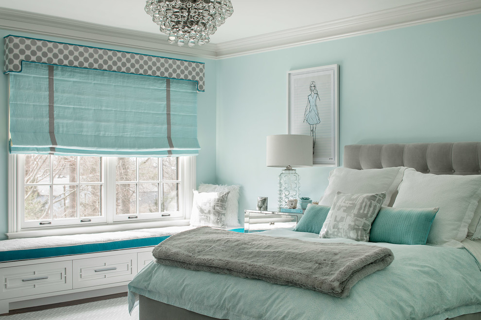 Kids' room - mid-sized transitional girl carpeted and gray floor kids' room idea in New York with blue walls