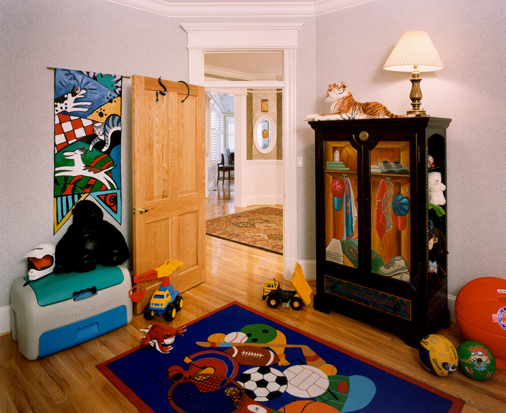 Cette image montre une chambre d'enfant rustique.