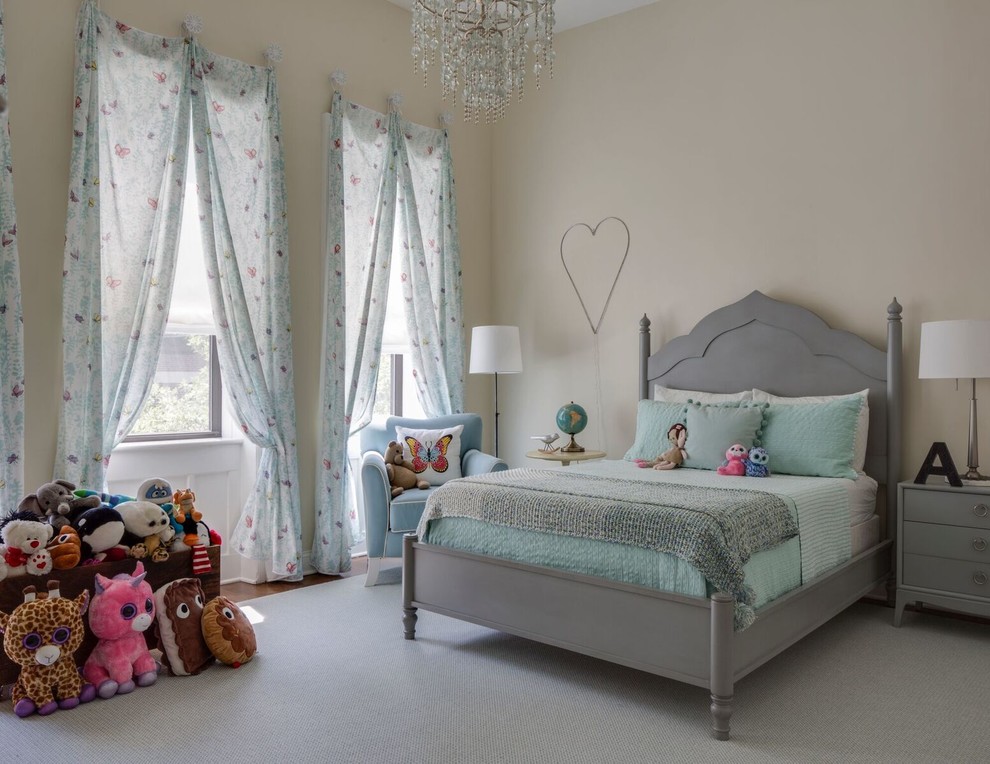 Inspiration for a large transitional girl carpeted and gray floor kids' room remodel in New York with beige walls